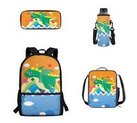 Pzuqiu Set di 4 zaini per bambini con borsa per il pranzo, scatola per matite e copertura per tazza d'acqua per studenti elementari elementari, Dinosauro cartone animato.