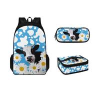 Pzuqiu Set di zaini da scuola per ragazzi e ragazze, zaino da 43,2 cm con portapranzo e astuccio, confezione da 3 zaini per la scuola per bambini, Mucca Daisy