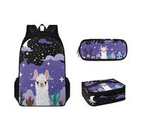 Pzuqiu Set di zaini da scuola per ragazzi e ragazze, zaino da 43,2 cm con portapranzo e astuccio, confezione da 3 zaini per la scuola per bambini, Grazioso alpaca.