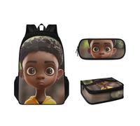 Pzuqiu Set di zaini per bambini con portapranzo e astuccio, confezione da 3 borse per la scuola per bambini, grande capacità, Ragazzo africano carino