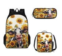 Pzuqiu Set di zaini per bambini da 43,2 cm, con portapranzo e portapenne, 3 pezzi, zaino scolastico di grande capacità, Girasole Mucca