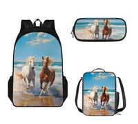Pzuqiu Set di zaini per bambini da 43,2 cm, con portapranzo e portapenne, 3 pezzi, zaino scolastico di grande capacità, Cavallo al Mare
