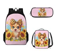 Pzuqiu Set di zaini per bambini da 43,2 cm, con portapranzo e portapenne, 3 pezzi, zaino scolastico di grande capacità, Cane Girasole