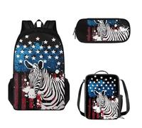 Pzuqiu Set di zaini per la scuola elementare e media, zaino di grande capacità, con portapranzo e custodia per penne, Bandiera americana Zebra