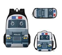 Pzuqiu Set di zaini per la scuola elementare e media, zaino di grande capacità, con portapranzo e custodia per penne, Auto della polizia del fumetto