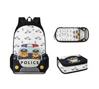 Pzuqiu Zainetto per bambini con portapranzo, astuccio per matite, 3 pezzi, zaino scolastico di grande capacità, zaino da viaggio, Auto della polizia del fumetto