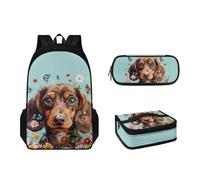 Pzuqiu Zainetto per bambini con portapranzo, astuccio per matite, 3 pezzi, zaino scolastico di grande capacità, zaino da viaggio, Simpatico cagnolino.