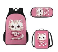 Pzuqiu Zainetto per bambini con portapranzo, astuccio per matite, 3 pezzi, zaino scolastico di grande capacità, per viaggi, Amore gattino