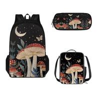 Pzuqiu Zaini per la scuola per bambini e ragazzi, set 3 in 1, con portapranzo e portapenne, stile casual, Fungo