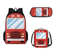 Pzuqiu Zaini per la scuola per bambini e ragazzi, set 3 in 1, con portapranzo e portapenne, stile casual, Camion dei vigili