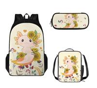 Pzuqiu Zaini per la scuola per bambini e ragazzi, set 3 in 1, con portapranzo e portapenne, stile casual, Salamandra Girasole
