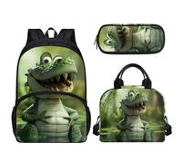 Pzuqiu Zaino da scuola da 43 cm, set da 3 pezzi, con borsa per il pranzo e custodia per penne, per bambini elementari, elementari, medie e medie, Coccodrillo