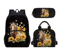 Pzuqiu Zaino da scuola da 43 cm, set da 3 pezzi, con borsa per il pranzo e custodia per penne, per bambini elementari, elementari, medie e medie, Cavallo di girasole