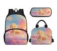 Pzuqiu Zaino da scuola da 43 cm, set da 3 pezzi, con borsa per il pranzo e custodia per penne, per bambini elementari, elementari, medie e medie, Cavallo Afterglow