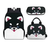 Pzuqiu Zaino da scuola da 43 cm, set da 3 pezzi, con borsa per il pranzo e custodia per penne, per bambini elementari, elementari, medie e medie, Simpatico cagnolino.