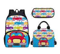 Pzuqiu Zaino da scuola da 43 cm, set da 3 pezzi, con borsa per il pranzo e custodia per penne, per bambini elementari, elementari, medie e medie, Macchina dei cartoni animati.