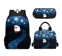 Pzuqiu Zaino da scuola da 43 cm, set da 3 pezzi, con borsa per il pranzo e custodia per penne, per bambini elementari, elementari, medie e medie, Stella di pecora