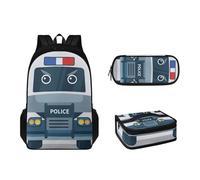 Pzuqiu Zaino per la scuola per bambini e ragazzi, set 3 in 1, con portapranzo e portapenne, stile casual, Auto della polizia del fumetto