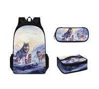 Pzuqiu Zaino per la scuola per bambini e ragazzi, set 3 in 1, con portapranzo e portapenne, stile casual, Famiglia lupo
