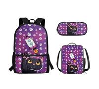 Pzuqiu Zaino per la scuola per ragazzi e bambini, con portapranzo e astuccio, elegante zaino per bambini, set da 3 pezzi, Razzo Gatto