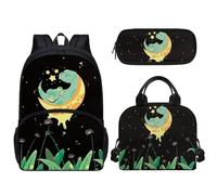 Pzuqiu Zaino per studenti per bambini con portapranzo e custodia per penne, set da 3 pezzi, 43 cm, borse per la scuola per ragazzi/ragazze, Dinosauro Luna