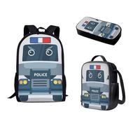 Pzuqiu Zaino per studenti per bambini con portapranzo e portapenne, set da 3 pezzi, borse da scuola per ragazzi/ragazze, scuola elementare e media, Auto della polizia del fumetto
