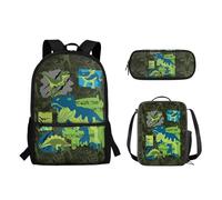 Pzuqiu Zaino scolastico 3PCS Set per bambini zaino per studenti di età prescolare medio zaino con scatola per il pranzo e astuccio, Dinosauro cartone animato.