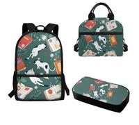 Pzuqiu Zaino scolastico con portapranzo e portapenne, zaino portatile per bambini, set da 3 pezzi, per studenti elementari e medi, Libro dei gatti