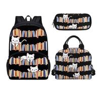 Pzuqiu Zaino scolastico da 17 pollici con borsa per il pranzo e astuccio per studenti, zaino per libri elementari, set da 3 pezzi, Libreria Cat