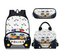 Pzuqiu Zaino scolastico da 17 pollici con borsa per il pranzo e astuccio per studenti, zaino per libri elementari, set da 3 pezzi, Auto della polizia del fumetto