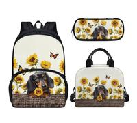 Pzuqiu Zaino scolastico per bambini da 17 pollici con portapranzo e astuccio portatile per bambini, set da 3 pezzi, Bassotto Girasole