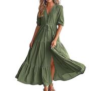 PZUYBZQ Abito Estivo Da Donna, Abito A Maniche Corte Con Scollo A V, Vestito Lunghi Con Spacchi E Coulisse Con Bottoni, Vestiti Lunghi Boho Plissettati E Fluenti(Army Green_L)