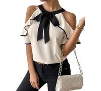 PZUYBZQ Camicetta Donna Camicette Estive Da Donna Con Volant E Spalle Scoperte, Camicia In Chiffon A Maniche Corte Con Fiocco Ritagliato(XL)