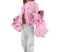 PZUYBZQ Camicia Donna Camicetta Da Donna In Chiffon Con Volant E Bottoni Sul Davanti Camicetta Estiva Ampia A Tromba A Maniche Lunghe Camicie Top(Pink,L)