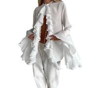 PZUYBZQ Camicia Donna Camicetta Da Donna In Chiffon Con Volant E Bottoni Sul Davanti Camicetta Estiva Ampia A Tromba A Maniche Lunghe Camicie Top(White,M)
