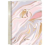 Q Kalon - Agenda 2026 - Giorno per Pagina, Formato A5 (15x21 cm), Planner Multilingue (ESP, ING, FR, DE), Rilegatura ad Anelli, Copertina Cartoncino e Protezione Plastica - Marble