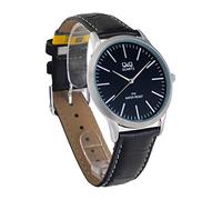 Q&Q OROLOGIO unisex in acciaio con quadrante nero e cinturino in pelle, c212j302y