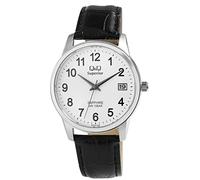 Q&Q Superior S330J304Y - Orologio da uomo in pelle, con data in vetro zaffiro, 10 bar, analogico, al quarzo, Schwarz