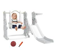 Qaba 4 in 1 scivolo e altalena per bambini, set da gioco età 1.5-4 Grigio | Scivolo per bambini a tema coniglio, arrampicatore, canestro, interno/esterno giardino