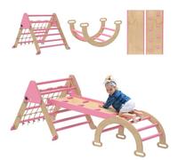 Qaba Set Triangolo Pikler 8-in-1 Pieghevole per Bambini 18-48 Mesi, Rosa | Giocattoli di arrampicata in legno, con arco rampa e scala, Montessori parco giochi interno palestre giungla