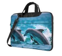 qahuopp Borsa per computer con stampa delfini nel mare, con maniglia per il trasporto, custodia protettiva per computer portatili da 13", 14", 15,6", Nero , 13 inch