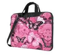qahuopp Borsa per computer portatile con stampa di farfalle rosa, senza cuciture, con maniglia per il trasporto, adatta per computer portatili da 13", 14" e 15,6", Nero , 13 inch