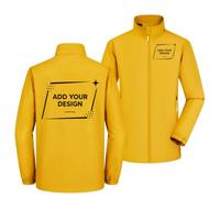 Qalviora Giacca con zip con colletto alla coreana con logo personalizzato, cappotto uniforme resistente al vento leggero, capispalla stampabile per lavoro di squadra, Giallo, M