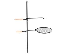 Qalvona Griglia Barbecue da Esterno, Supporto Assemblabile in Ghisa con Rete e Braccio, 33.5cm - Alta Resistenza, Manico in Legno Antiscottatura, Ideale per Campeggio e Picnic