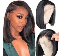 Qangelabeauty, Parrucca a caschetto in capelli umani, 13x4, con pizzo frontale dritto, in capelli umani di bambino pre-sfoltiti, densità 180%, da donna, nero naturale, 30 cm