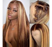 Qangelabeauty - Parrucca da donna, 66 cm, Ombre Highlight, 13 x 4 HD, con parte anteriore in pizzo, ondulata profonda, arricciata, per donna