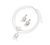 Qaonsciug Lussuoso set di collana e orecchini con perle finte e strass, design a doppio filo, perfetto per feste, matrimoni, eventi, collana di perle a doppio strato