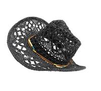 Qaonsciug Openwork Carta Intrecciata Paglia Panama Cappello A Tesa Larga Protezioni Solari All'aperto Beach Hat Più Colori Openwork Cowboy Cappelli, Nero , Taglia unica