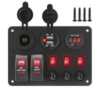 QASULER Doppie porte USB con protezione da sovraccarico, for interruttore di circuito luce auto nautica camper voltmetro digitale pannello interruttori a bilanciere 2+3 Interruttore marino(Rot)