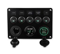 QASULER Herorider Doppia Presa USB Caricabatterie Voltmetro 12V di Corrente 5 Gang ON OFF Pannello Interruttore a Levetta, for Auto Barca Marina RV Camion Interruttore marino(Green)